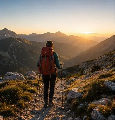 Planinarka sjedi na stijeni i gleda prema planinskoj dolini
